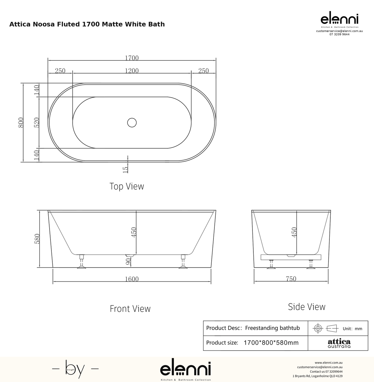 Attica Noosa Fluted 1700 Matte White Bath, specification diagram