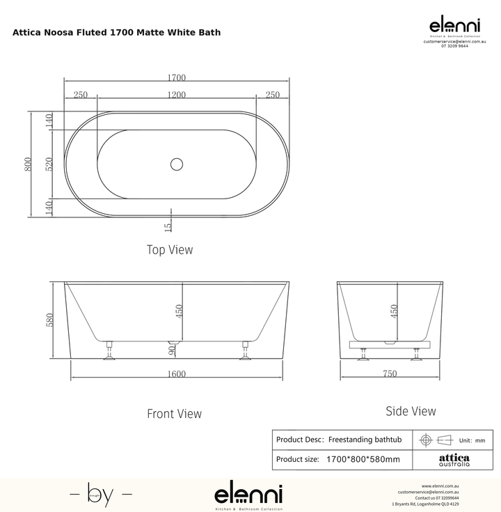 Attica Noosa Fluted 1700 Matte White Bath, specification diagram