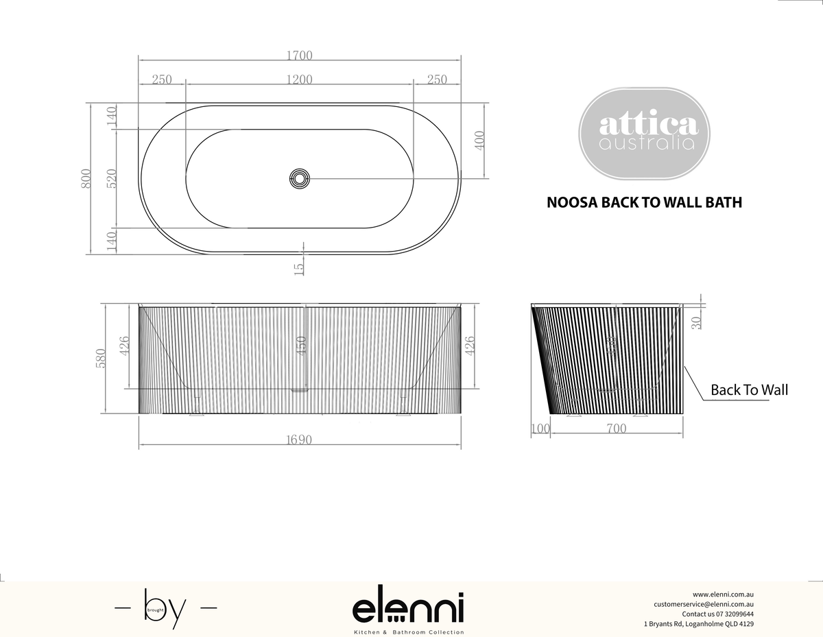 Attica Noosa Fluted 1700 Matte White BTW Multi-fit Bath with Overflow - Elenni specification drawing