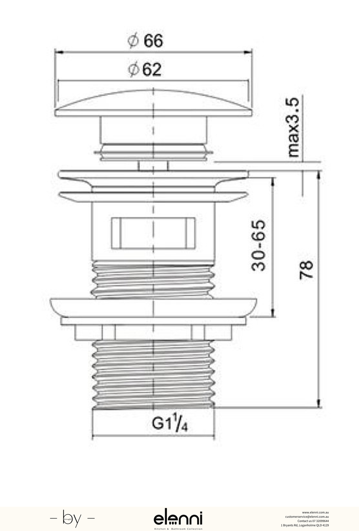 Basin 32mm CBlack Pop Up Waste with Overflow - Elenni specification drawing