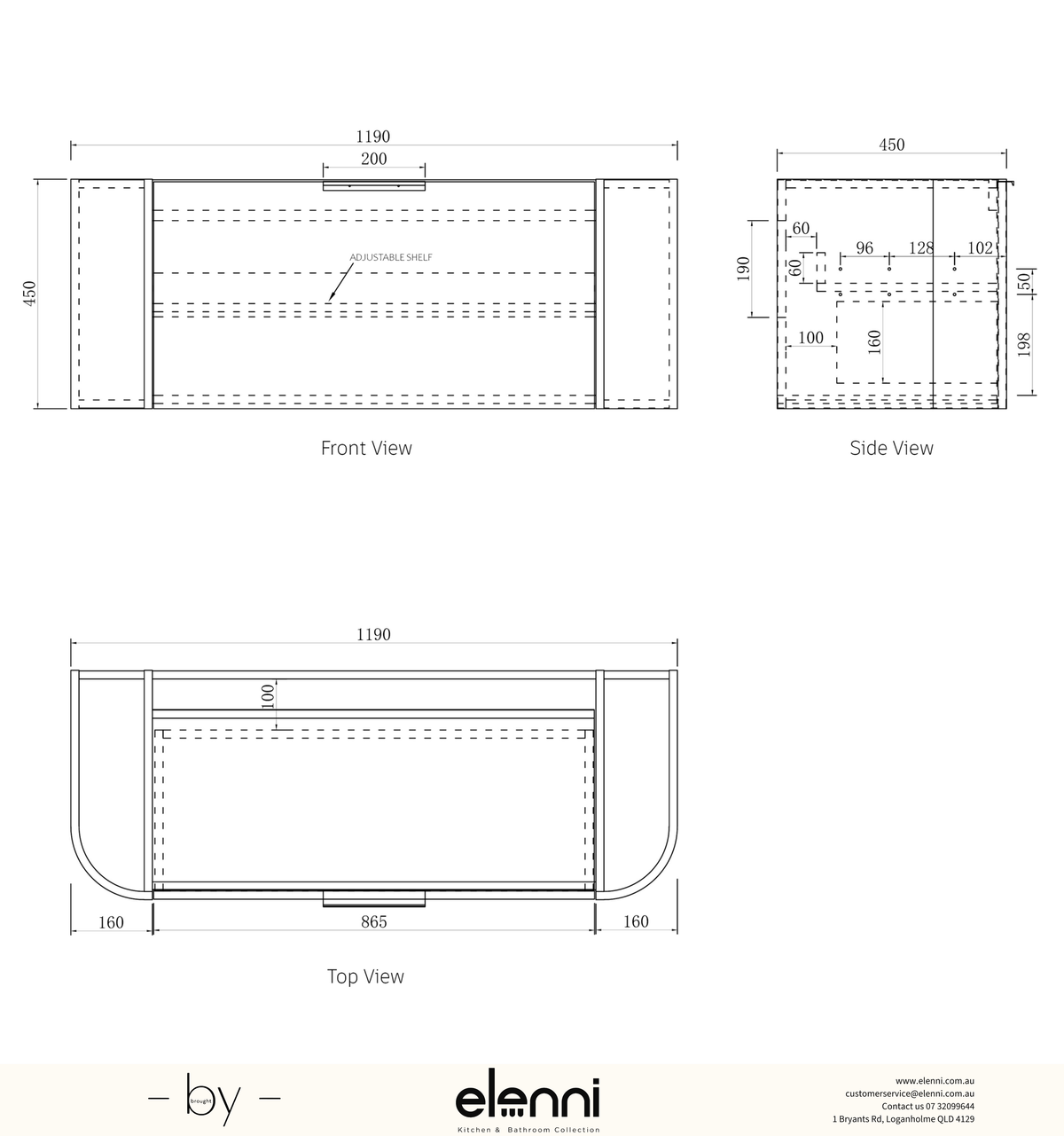 Bondi 1200mm Black Oak Wall Hung Curve Vanity - Elenni specification sheet