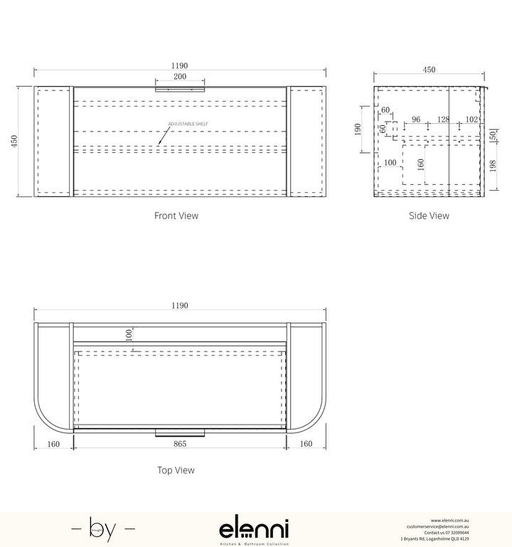 Bondi 1200mm Black Oak Wall Hung Curve Vanity - Elenni specification sheet