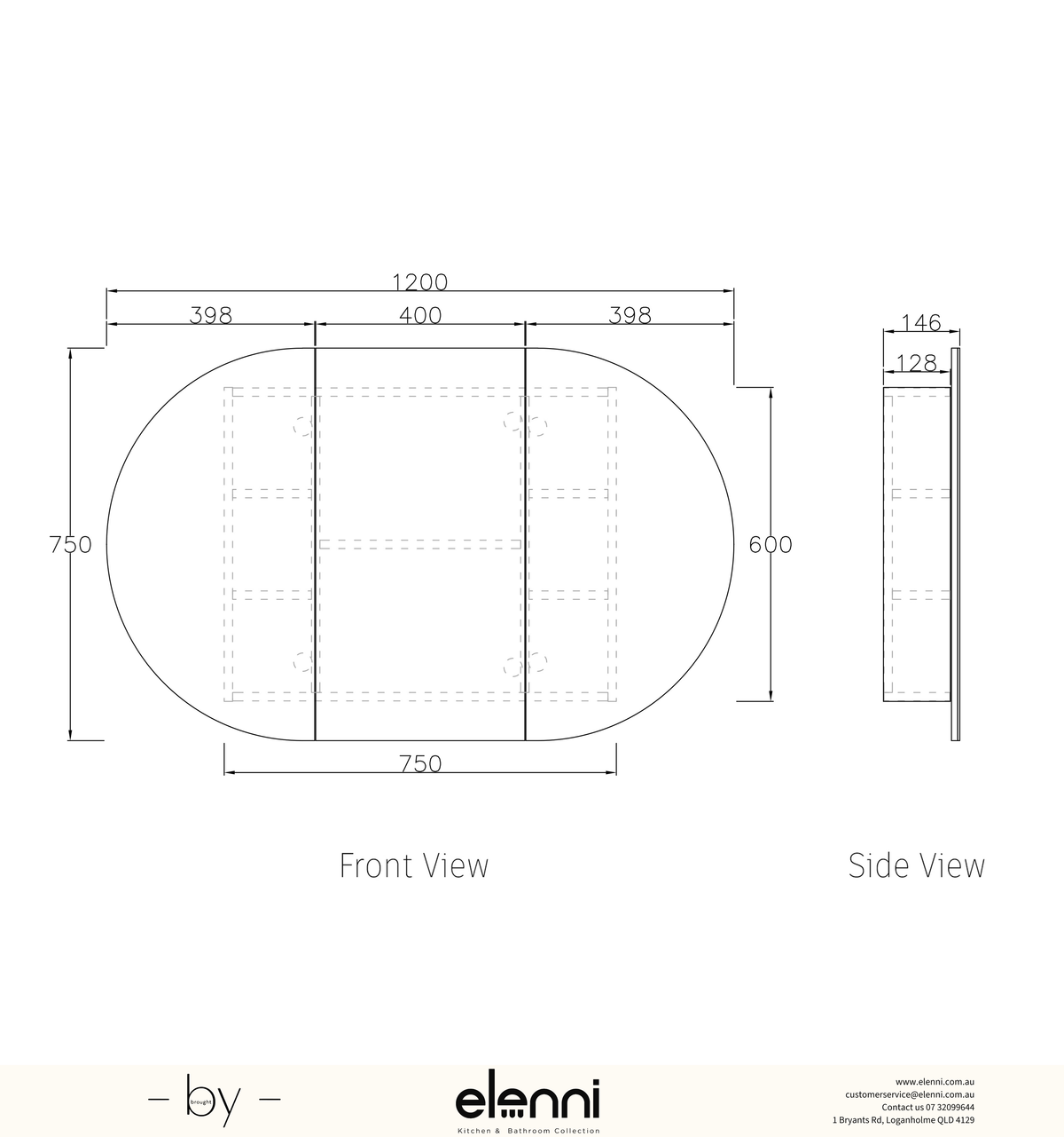 Bondi 1200x750 Black Oak Shaving Cabinet - Elenni specification drawing