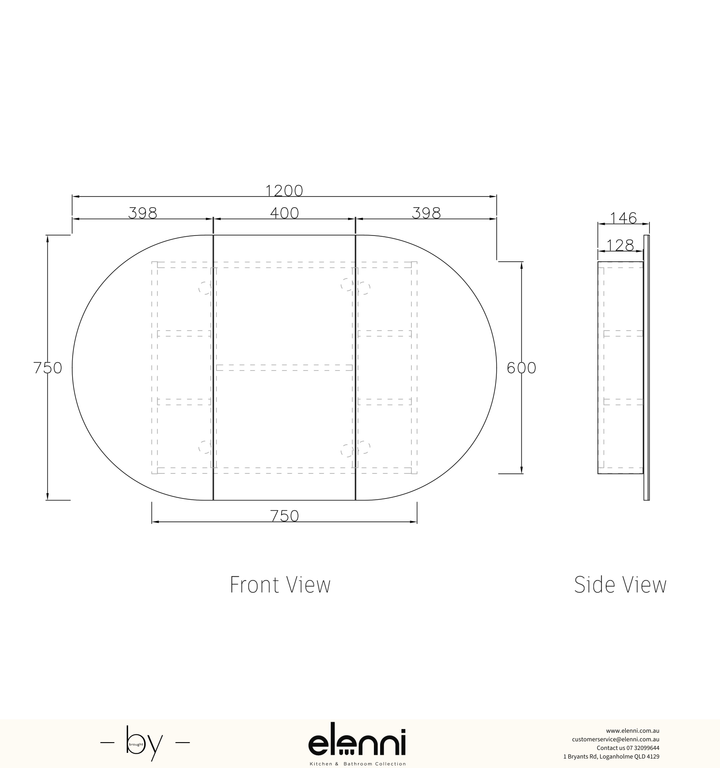 Bondi 1200x750 Black Oak Shaving Cabinet - Elenni specification drawing