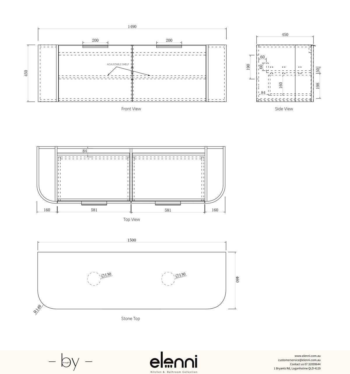 Bondi 1500mm Satin White Fluted Wall Hung Curve Vanity - Elenni specification sheet