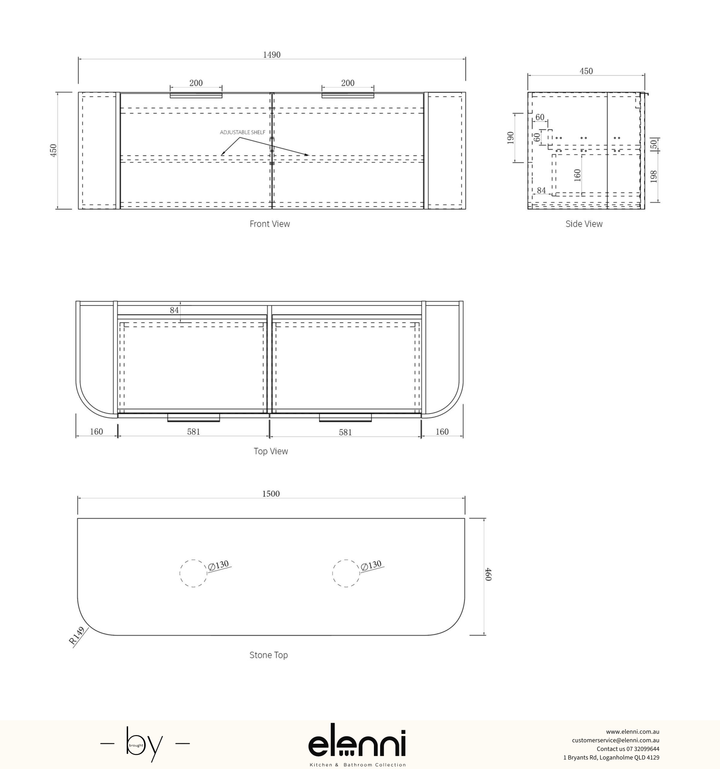 Bondi 1500mm Satin White Fluted Wall Hung Curve Vanity - Elenni specification sheet