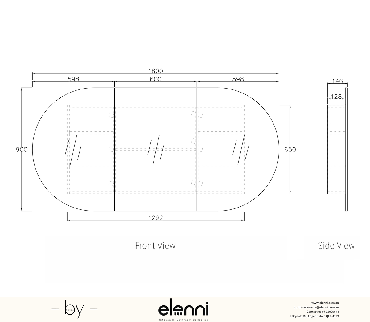 Bondi 1800x900 Black Oak Shaving Cabinet Elenni specification drawing