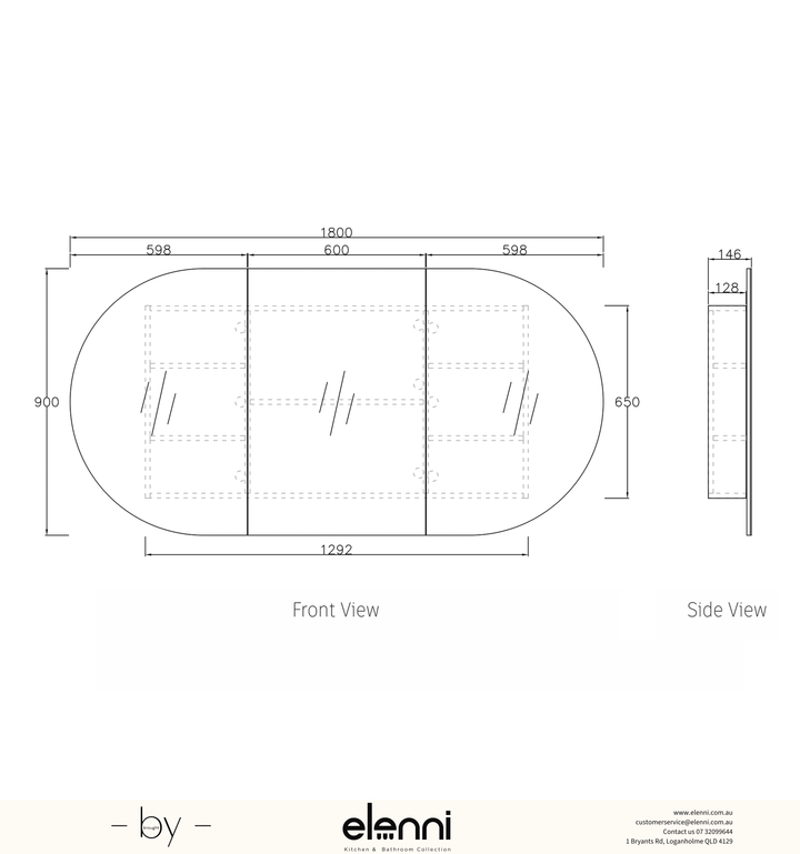 Bondi 1800x900 White Shaving Cabinet Elenni specification drawing