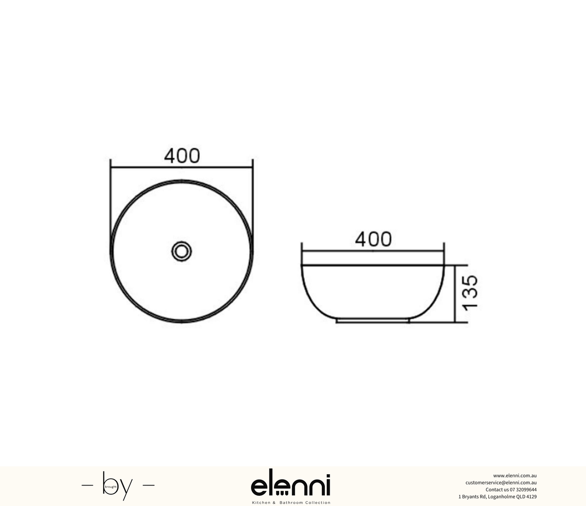 Bondi 400x400x135 Matte White Basin - Elenni specification drawing