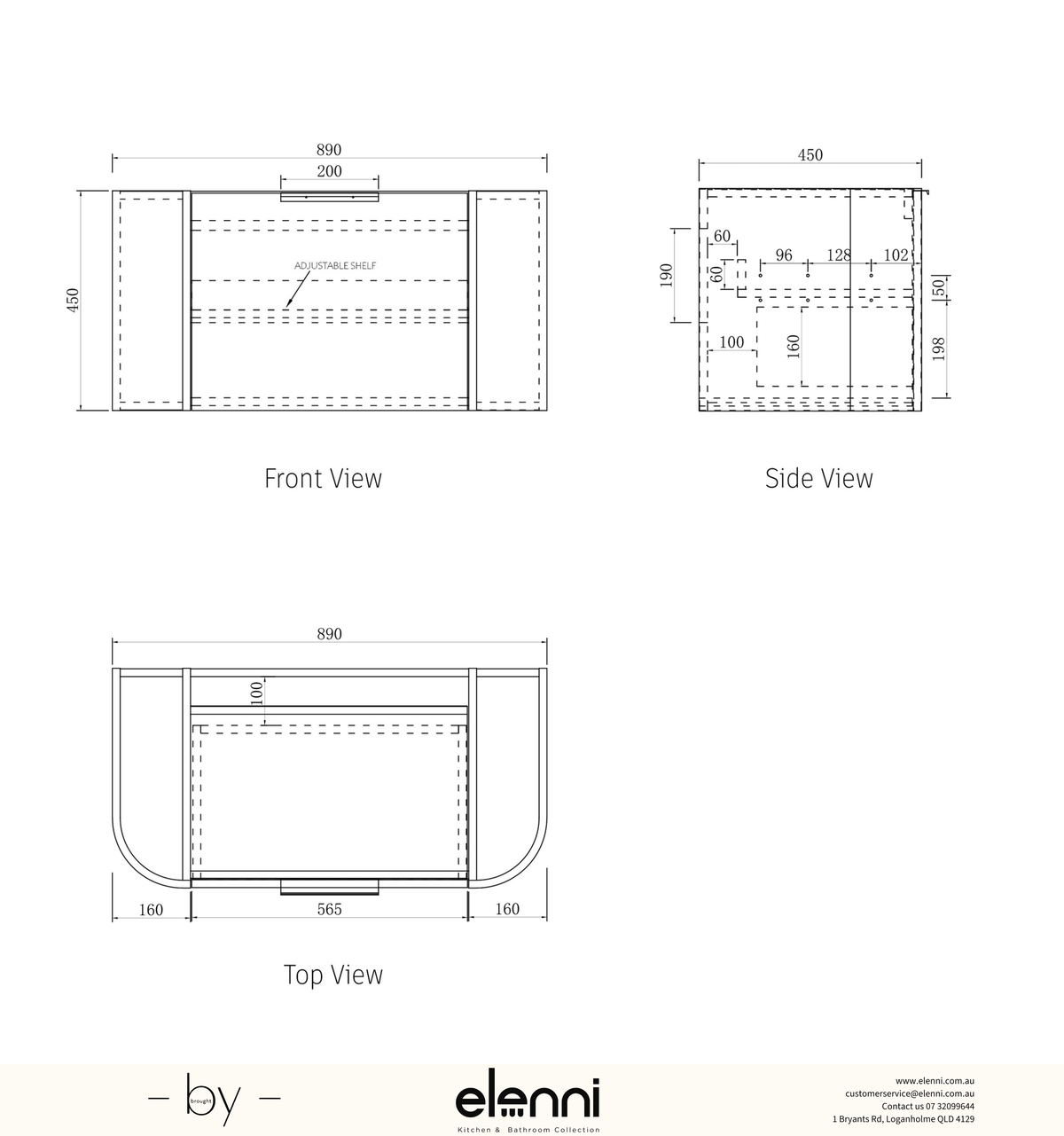 Bondi 900mm Black Oak Wall Hung Curve Vanity - Elenni specification drawing
