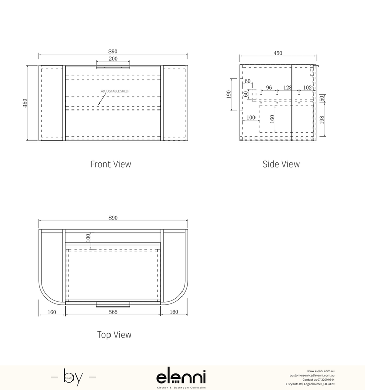 Bondi 900mm Black Oak Wall Hung Curve Vanity - Elenni specification drawing