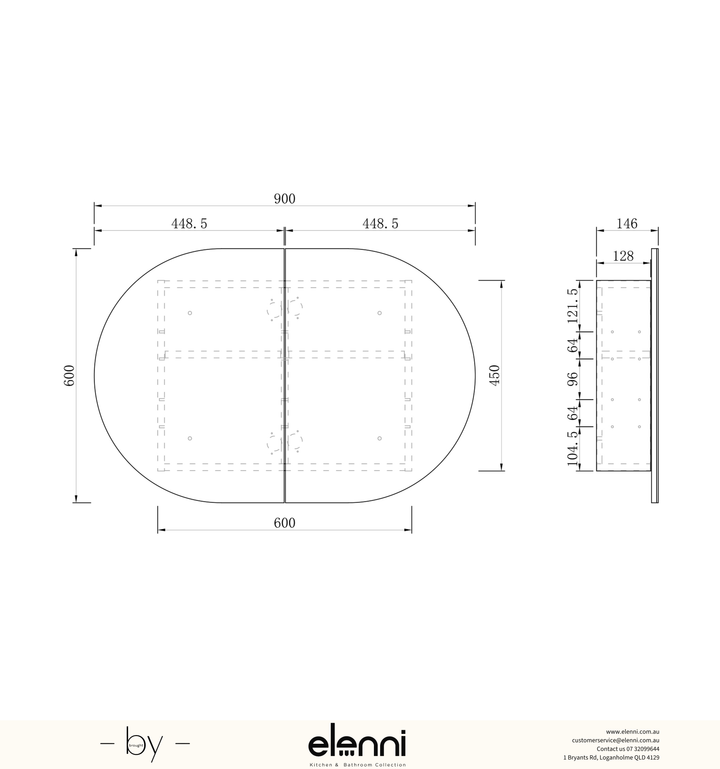 Bondi 900x600 Natural Oak Shaving Cabinet Elenni specification drawing