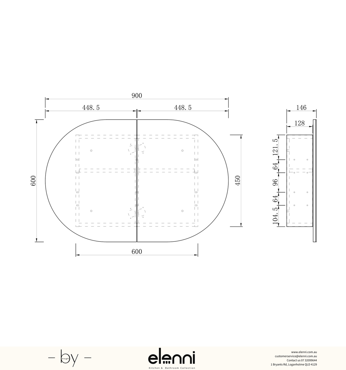 Bondi 900x600 White Shaving Cabinet - Elenni specification drawing