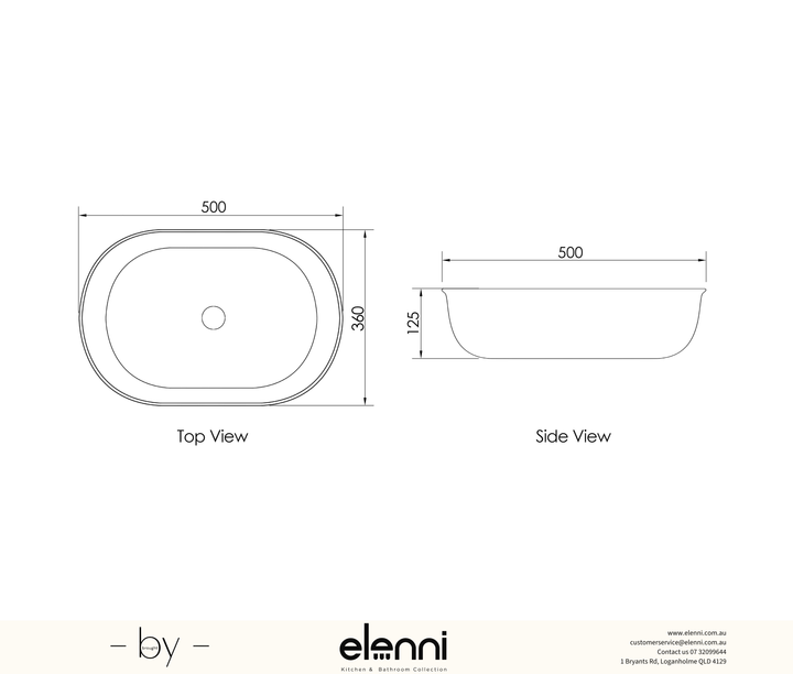 Bronte Oval 500x360x125 Gloss White Basin - Elenni specification drawing