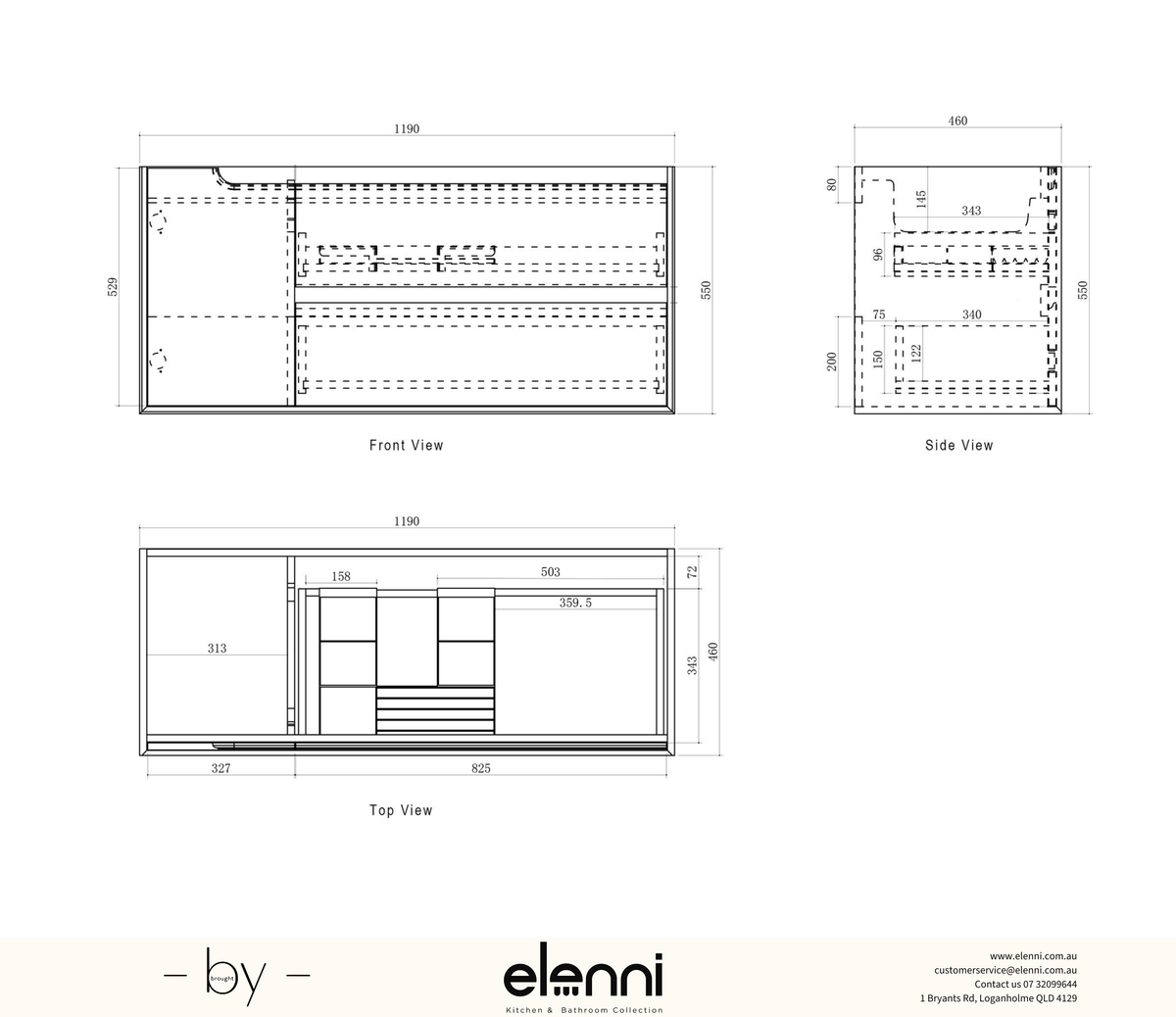Byron 1200mm Black Oak Wall Hung Vanity - Elenni specification sheet