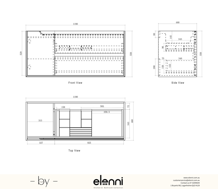 Byron 1200mm Black Oak Wall Hung Vanity - Elenni specification sheet
