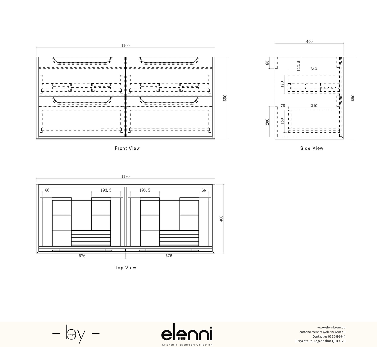 Byron 1200mm Natural Oak Wall Hung Vanity Double Bowl - Elenni specification drawing