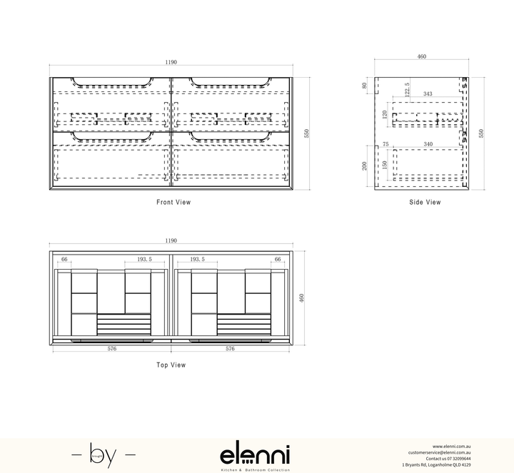Byron 1200mm Natural Oak Wall Hung Vanity Double Bowl - Elenni specification drawing