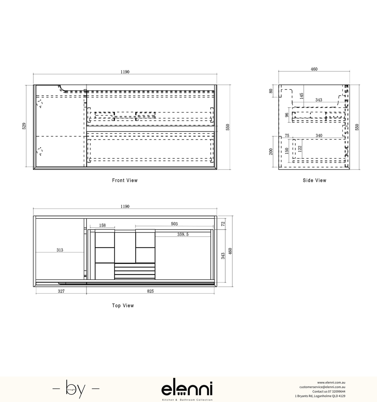 Byron 1200mm Sable Walnut Wall Hung Vanity - Elenni specification sheet