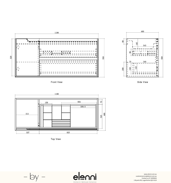 Byron 1200mm Sable Walnut Wall Hung Vanity - Elenni specification sheet