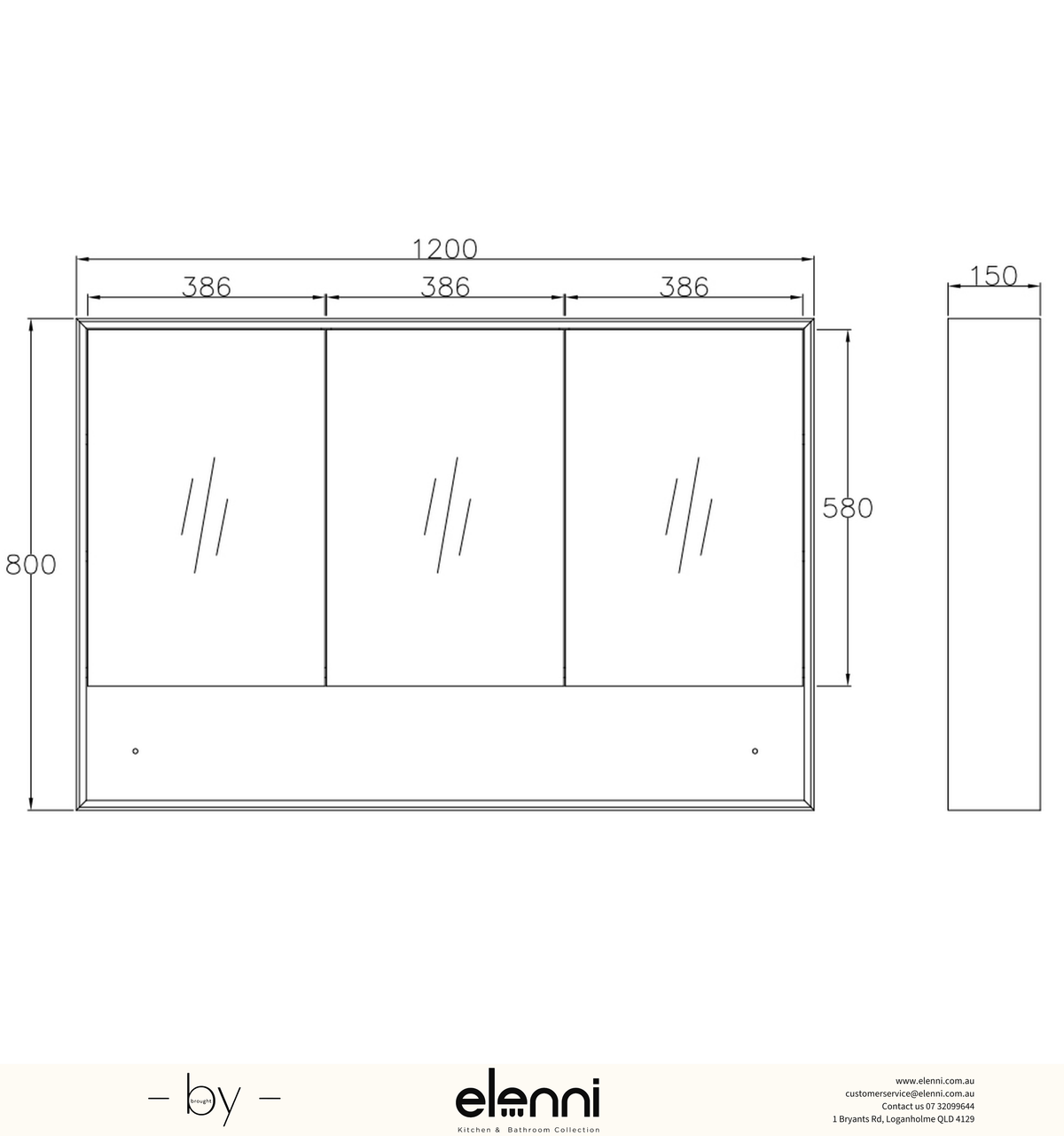 Elenni specification drawing, Byron 1200x800 Natural Oak Shaving Cabinet