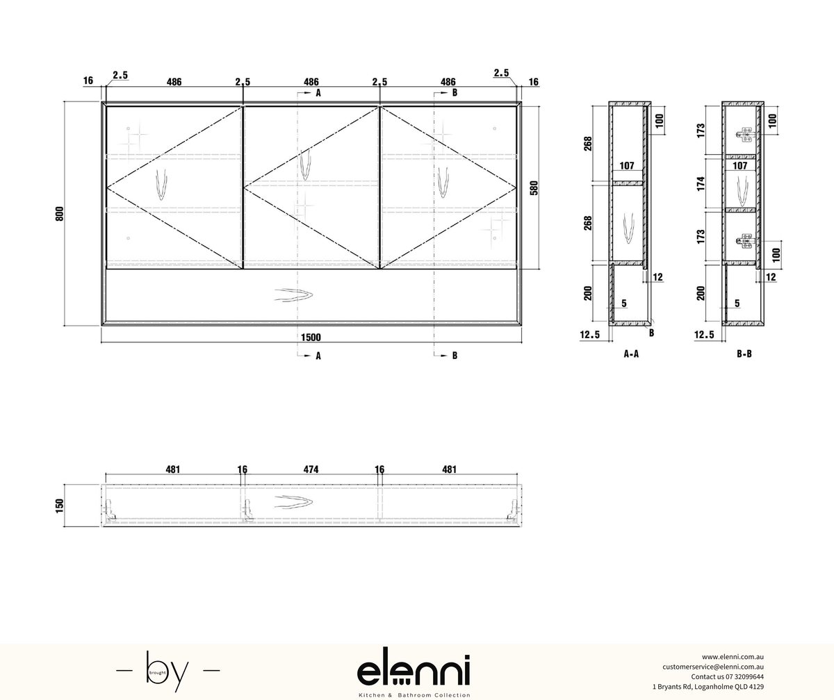 Byron 1500x800 Woodland Oak Shaving Cabinet Elenni specification drawing