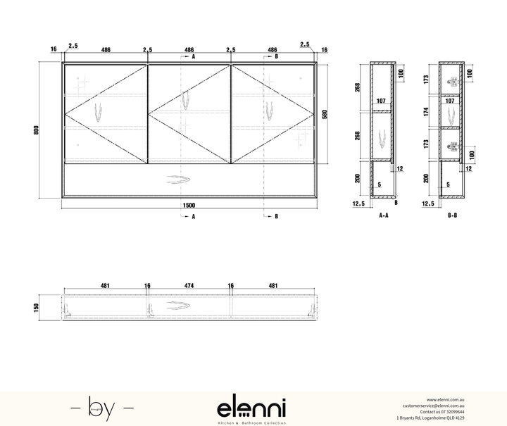Byron 1500x800 Woodland Oak Shaving Cabinet Elenni specification drawing