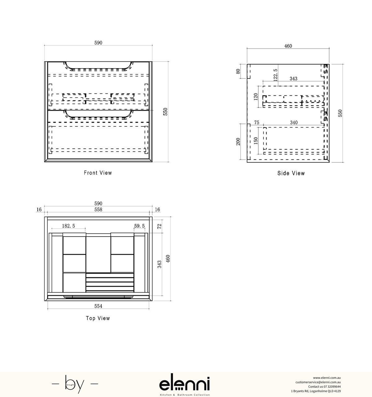 Byron 600mm Sable Walnut Wall Hung Vanity - Elenni specification sheet