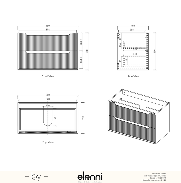 Byron Fluted 900mm Woodland Oak Wall Hung Vanity - Elenni specification sheet