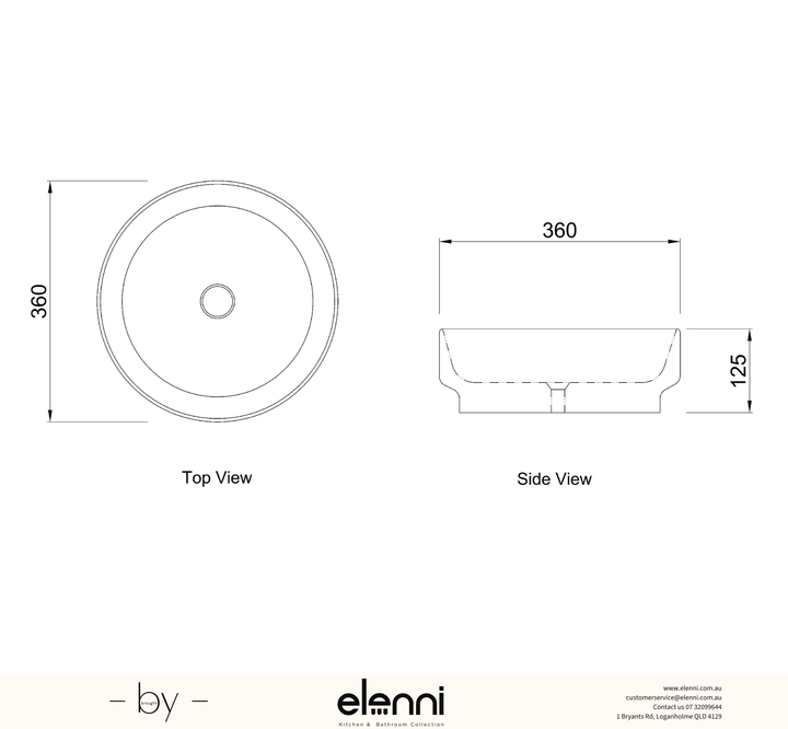 Chloe 360x360x125 Matte White Basin - Elenni specification drawing