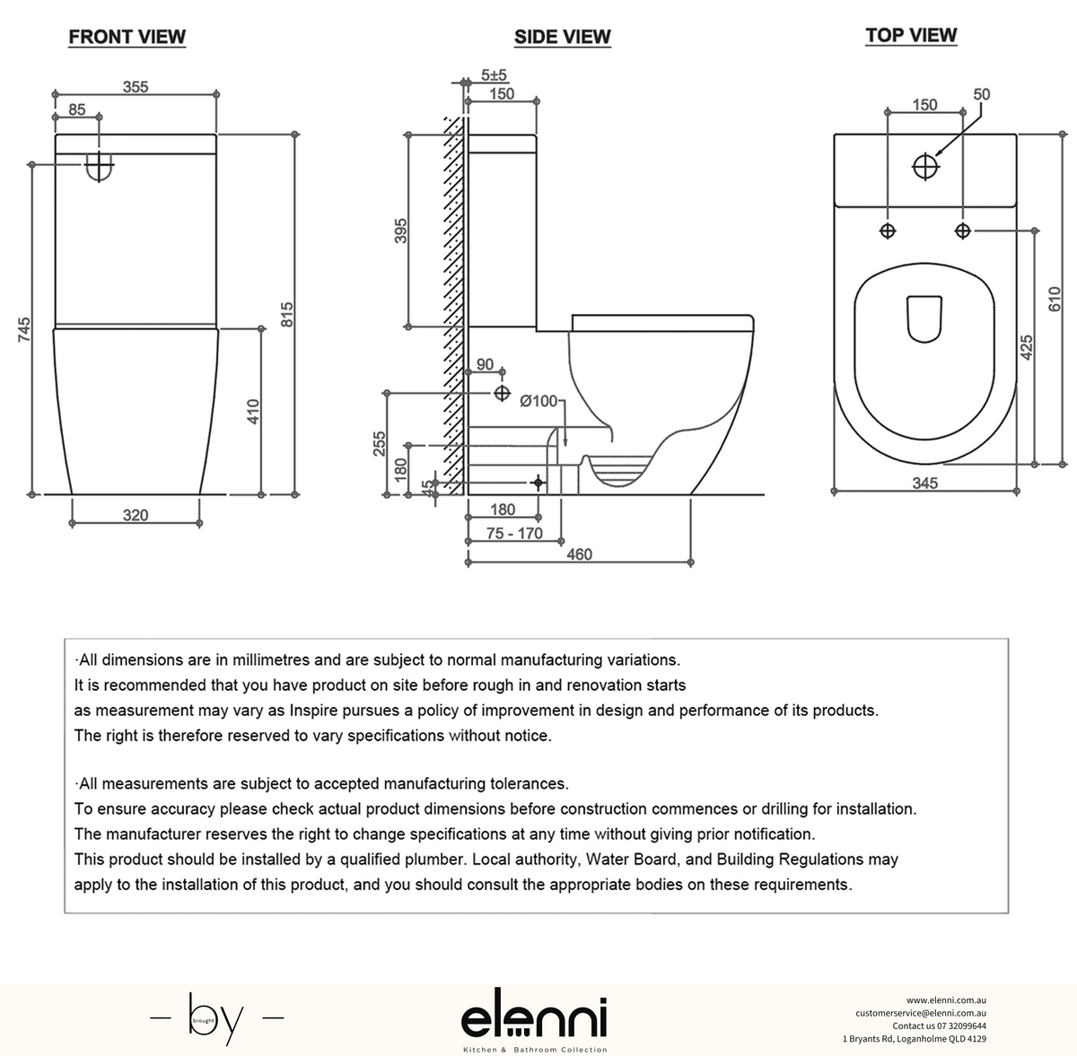 Deluso Rimless Back to Wall Toilet Suite, Gloss White - Elenni specification drawing