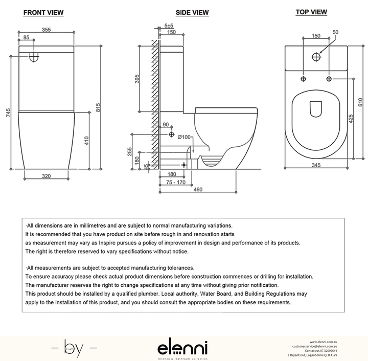 Deluso Rimless Back to Wall Toilet Suite, Gloss White - Elenni specification drawing