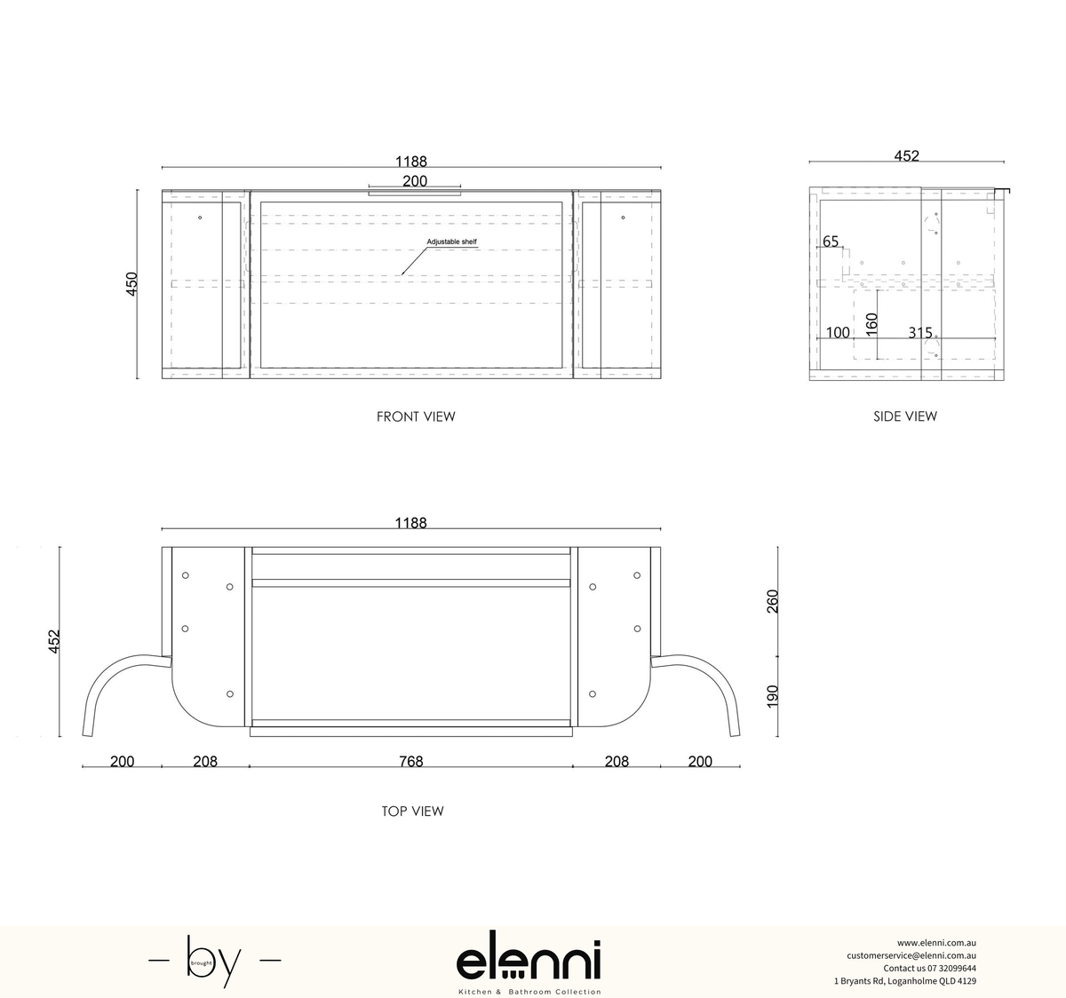 Hampshire 1200mm Satin White Wall Hung Curve Vanity - Elenni specification drawing