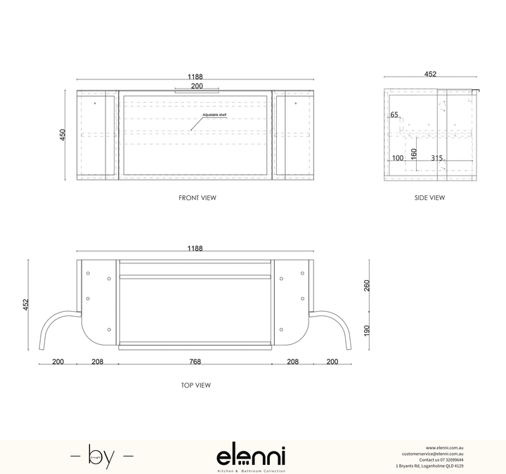 Hampshire 1200mm Satin White Wall Hung Curve Vanity - Elenni specification drawing