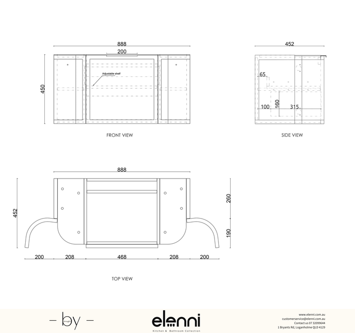 Hampshire 900mm Satin White Wall Hung Curve Vanity - Elenni specification drawing