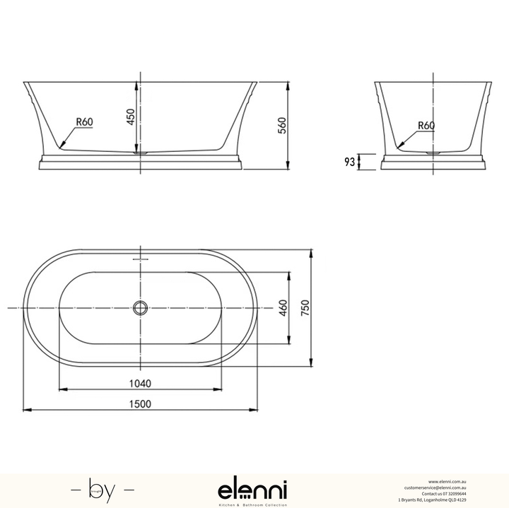 Hampton 1500x750x560 Matte White Bathtub with Overflow - Elenni specification drawing