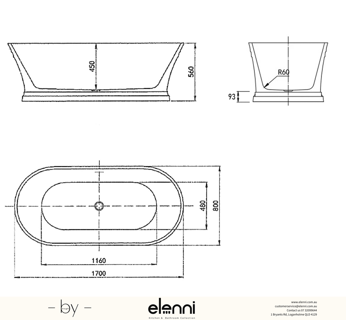 Hampton 1700x800x560 Matte White Bathtub with Overflow - Elenni specification drawing