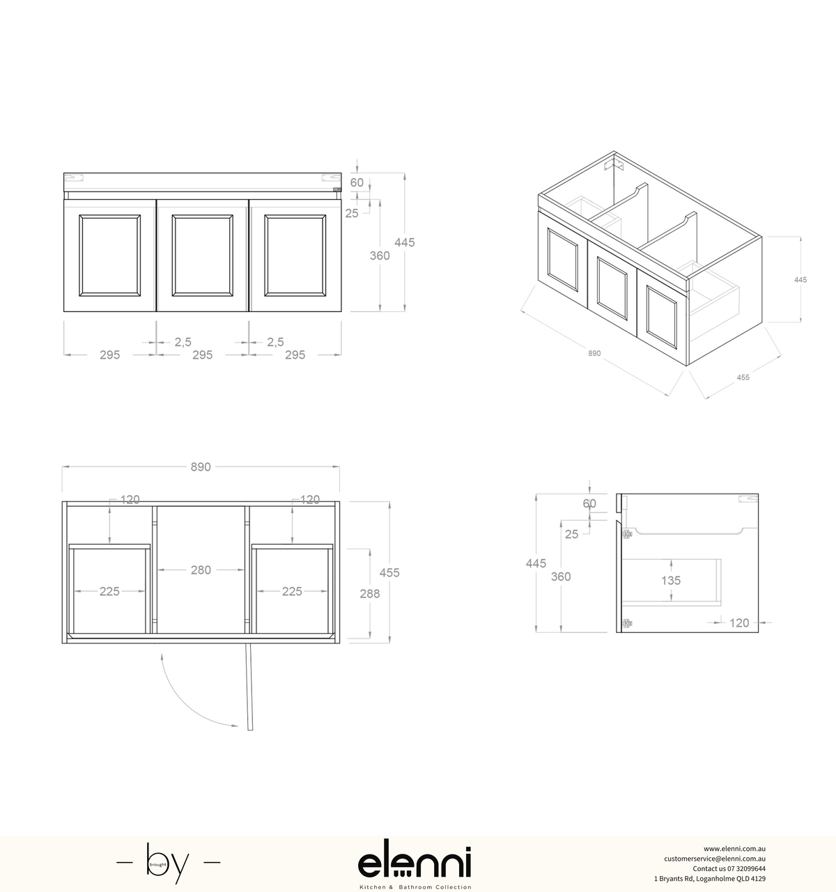 Hampton Mark II 900mm Satin White Wall Hung Vanity - Elenni specification sheet