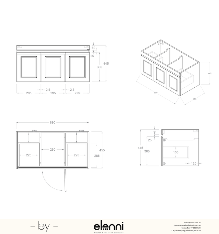 Hampton Mark II 900mm Satin White Wall Hung Vanity - Elenni specification sheet