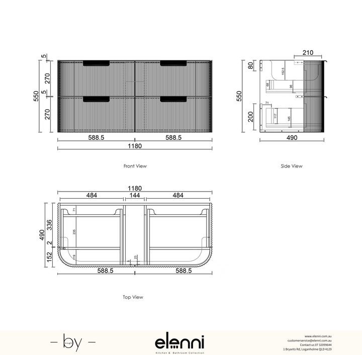 Havana Fluted 1200mm Sable Walnut Wall Hung Curve Vanity - Elenni specification sheet