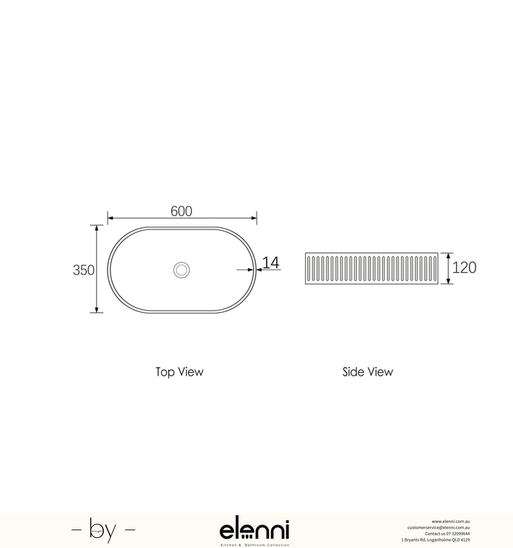 Hudson Oval 600x350x120 Concrete Fluted White Basin - Elenni specification sheet