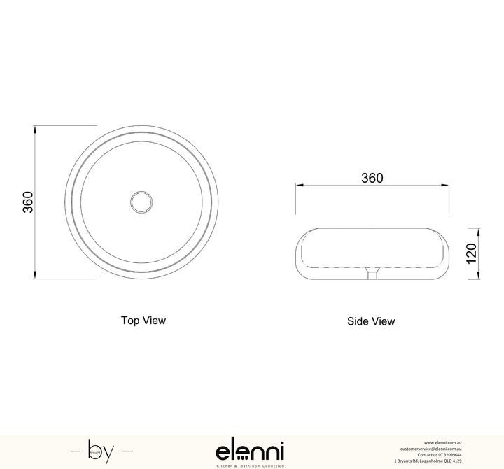 Laguna 360x360x120 Gloss White Basin - Elenni specification drawing