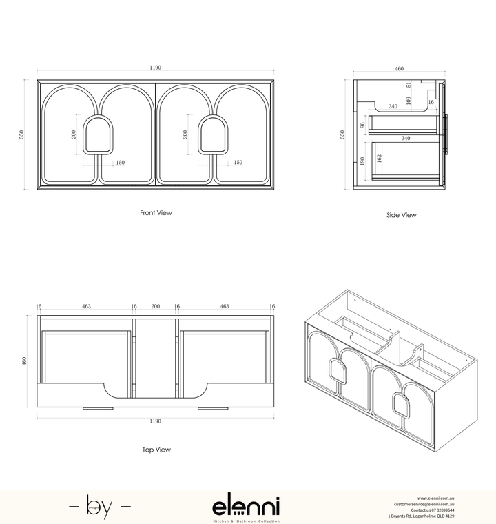 Laguna Mark II 1200mm Black Oak Wall Hung Vanity - Elenni specification sheet