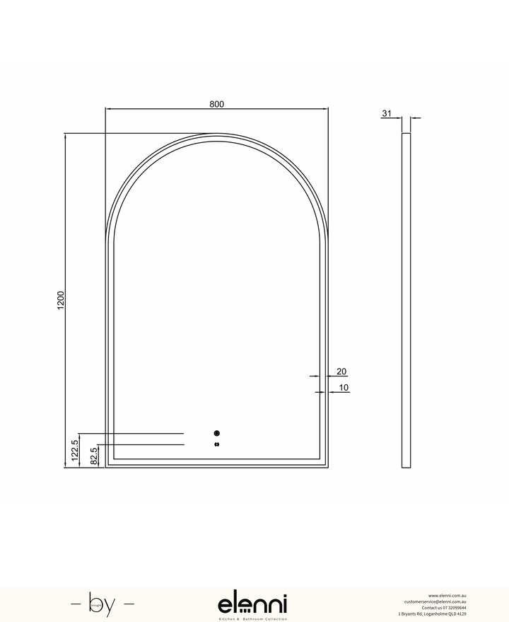 LED Archie 1200(H)x800(W) Black Metal Frame Mirror Elenni specification sheet