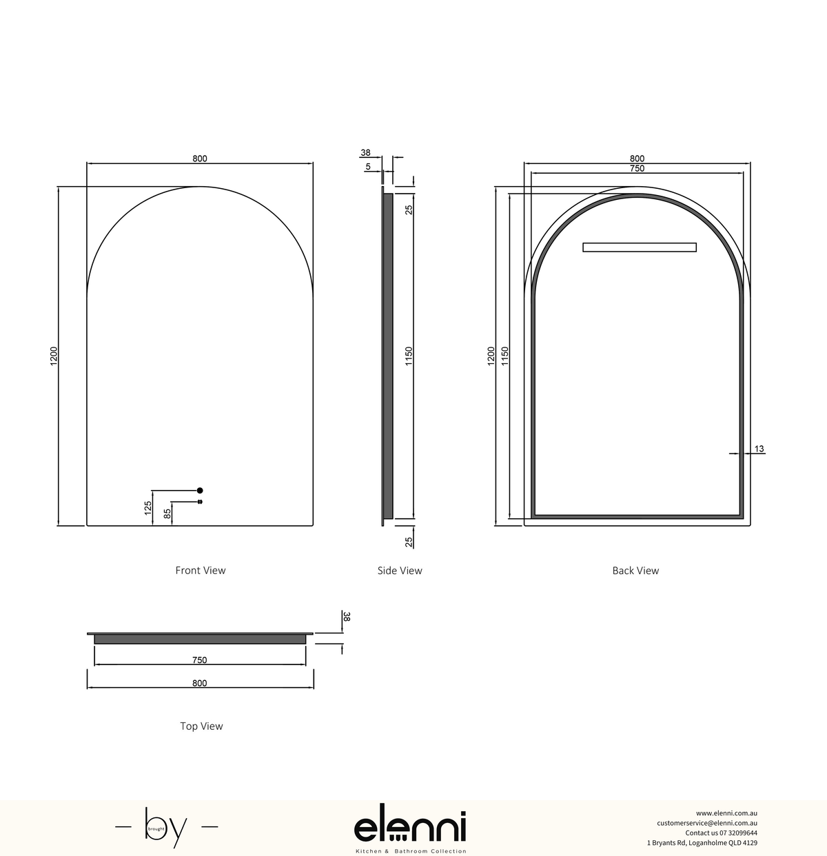 LED Archie 1200(H)x800(W) Frameless Tuffi Mirror Elenni specification sheet