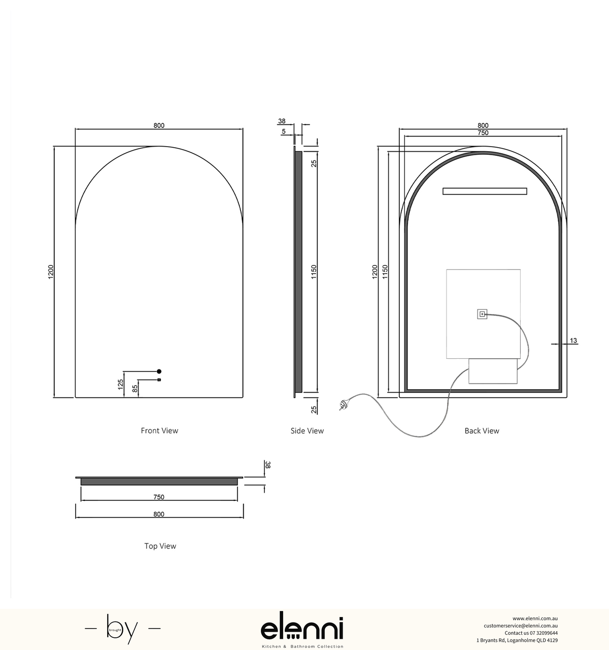 LED Archie 1200(H)x800(W) Frameless Tuffi Mirror Elenni specification sheet