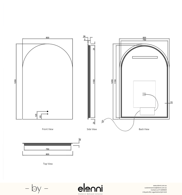 LED Archie 1200(H)x800(W) Frameless Tuffi Mirror Elenni specification sheet