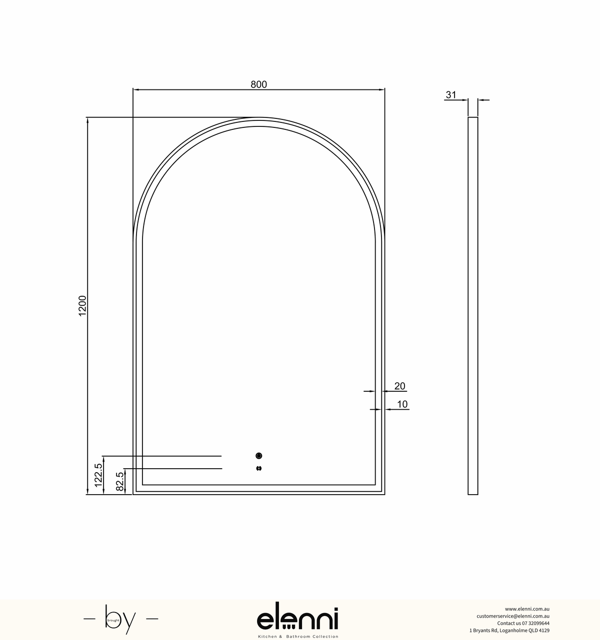 LED Archie 1200(H)x800(W) White Metal Frame Mirror Elenni specification sheet