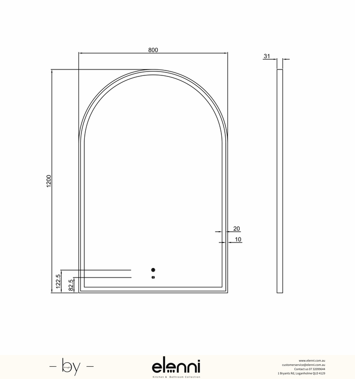 LED Archie 1200(H)x800(W) White Metal Frame Mirror Elenni specification sheet