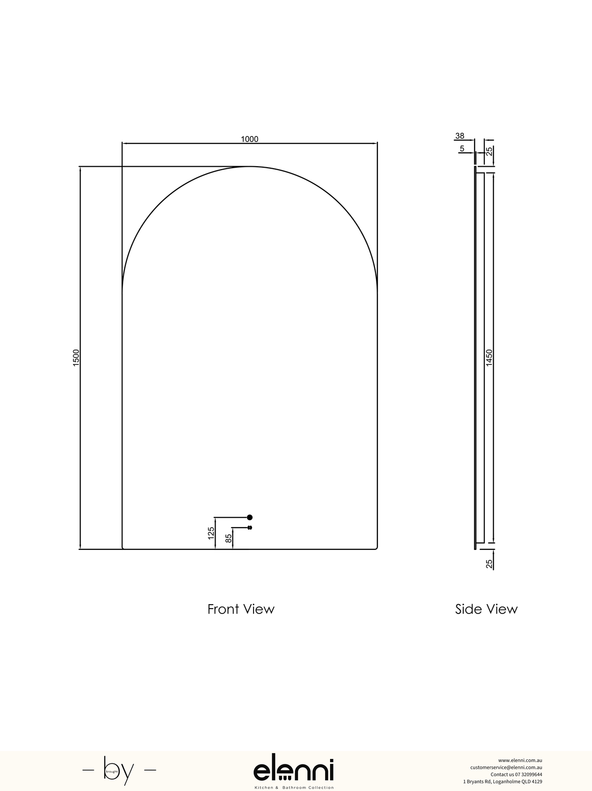 LED Archie 1500(H)x1000(W) Frameless Mirror Elenni specification sheet
